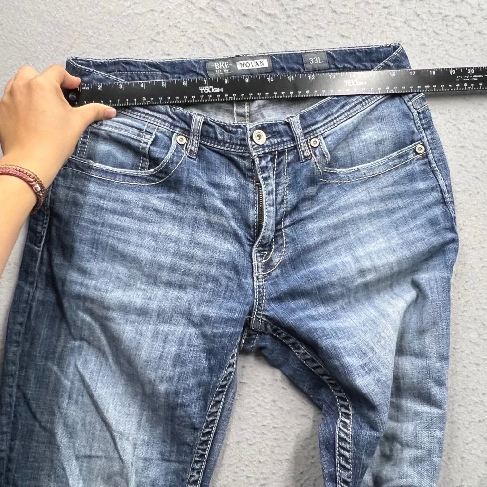 BKE Nolan Straight Leg Jeans Mens 33L Blue Medium Wash Contrast Stitch Denim